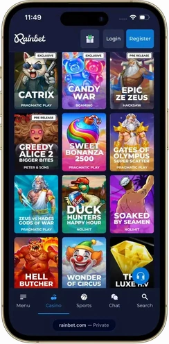 Rainbets kasinolobby på mobilen